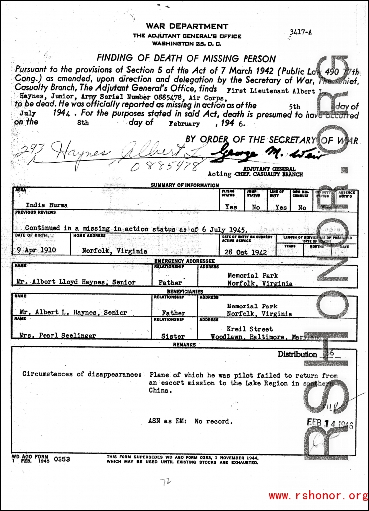 Individual Deceased Personnel File (IDPF) for Albert L. Haynes, MIA, China.