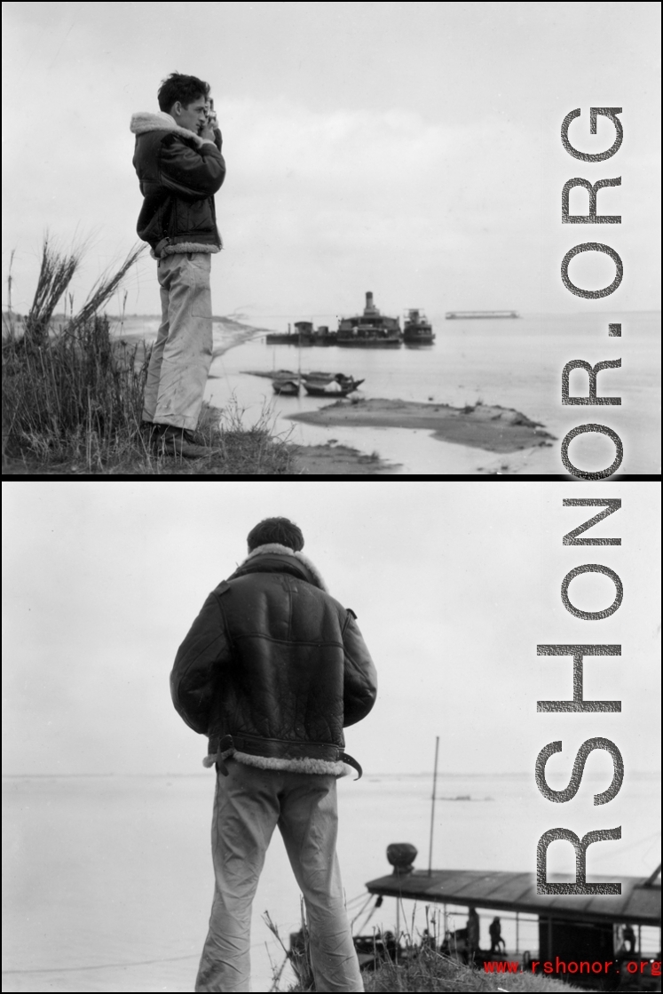 An American in the CBI takes photo over a body of water, most likely in Burma or India. During WWII.