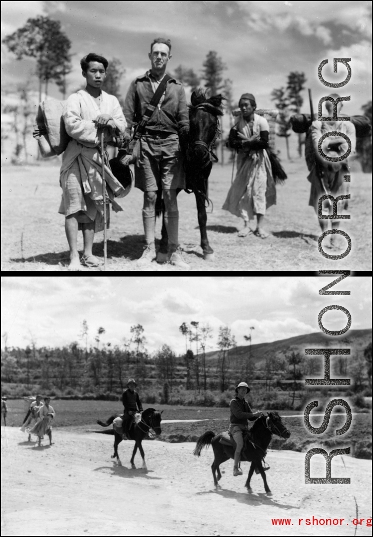 A tall westerner and Chinese partner riding mules in Yunnan during WWII.