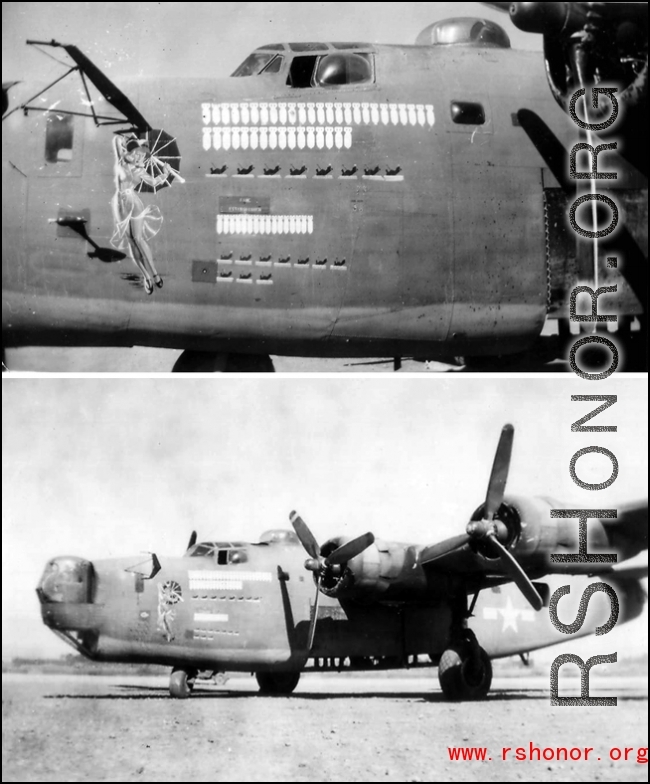 A B-24 bomber in the CBI, with a lady holding a parasol as nose art. From the collection of James D. Vaughn, who was lost in the CBI in December of 1944.