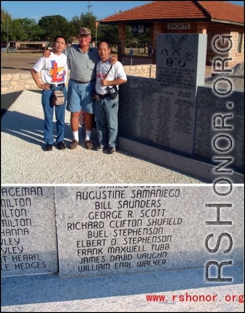 HUANG Xiling and SUN Hong with James Vaughn's cousin Jim Brunson in Bronte, Texas, at a memorial marker, in 2002. This was part of our project visit to learn more of the story of James Vaughn and the impact of his loss. Photo by Patrick Lucas.