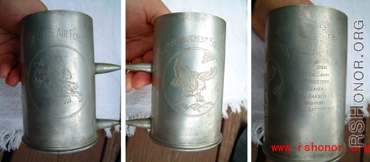 True keepsakes: Views of two mugs made from shell casings, commemorating the 22nd Bombardment Squadron.
