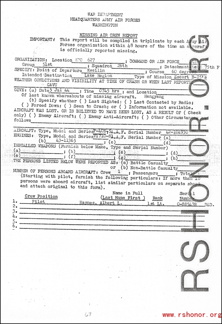 Individual Deceased Personnel File (IDPF) for Albert L. Haynes, MIA, China.