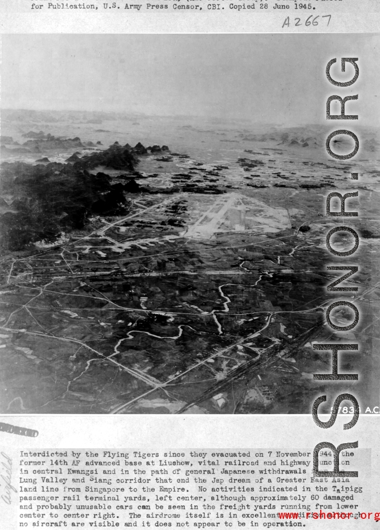 Interdicted by the Flying Tigers since they evacuated on November 7, 1944, the former 14th Air Force advanced base at Liuchow (Liuzhou), vital railroad and highway junction in central Kwangsi (Guangxi) and in the path of general Japanese withdrawals from the Lung Valley and Siang corridor that end the Japanese dreams of a Greater East Asia land line from Singapore to the Empire.  No activities indicated in the Taipigg passenger rail terminal yards, left center, although approximately 60 damaged and probably