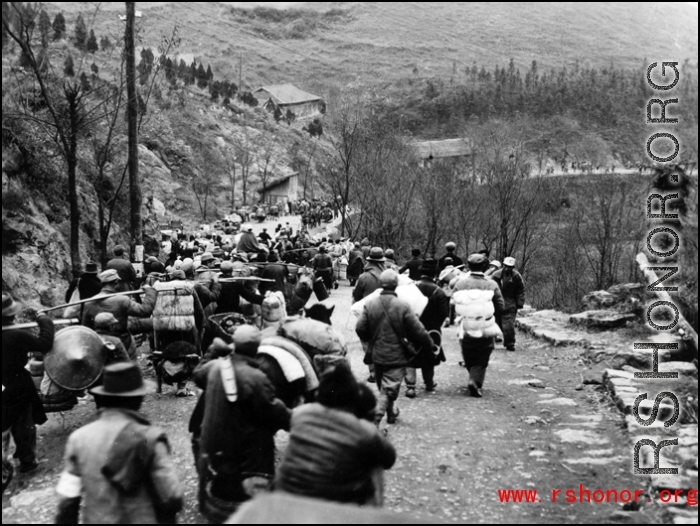 Refugees fleeing around either Liuzhou or Guilin during the evacuation before the Japanese Ichigo advance in 1944, in Guangxi province.