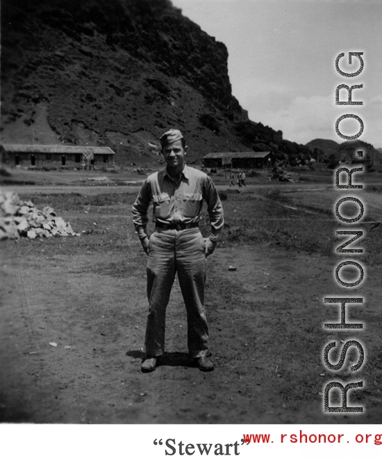 Sgt. Walter H. Stewart" at the Guilin airfield in Guangxi province, China, during WWII.  Stewart was a member of the 16th Combat Camera Unit in the CBI during WWII.