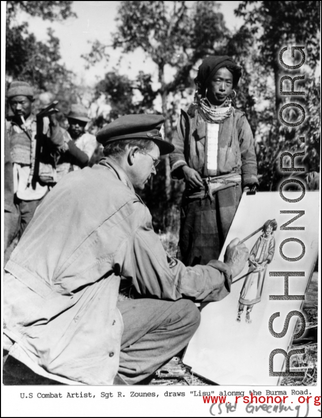U. S. Combat Artist, Sgt. R. Zounes, draws a Lisu woman along the Burma Road, during WWII.