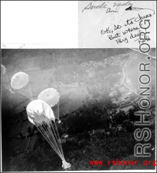 Allied air drop in Sweli Valley,, China, during WWII.