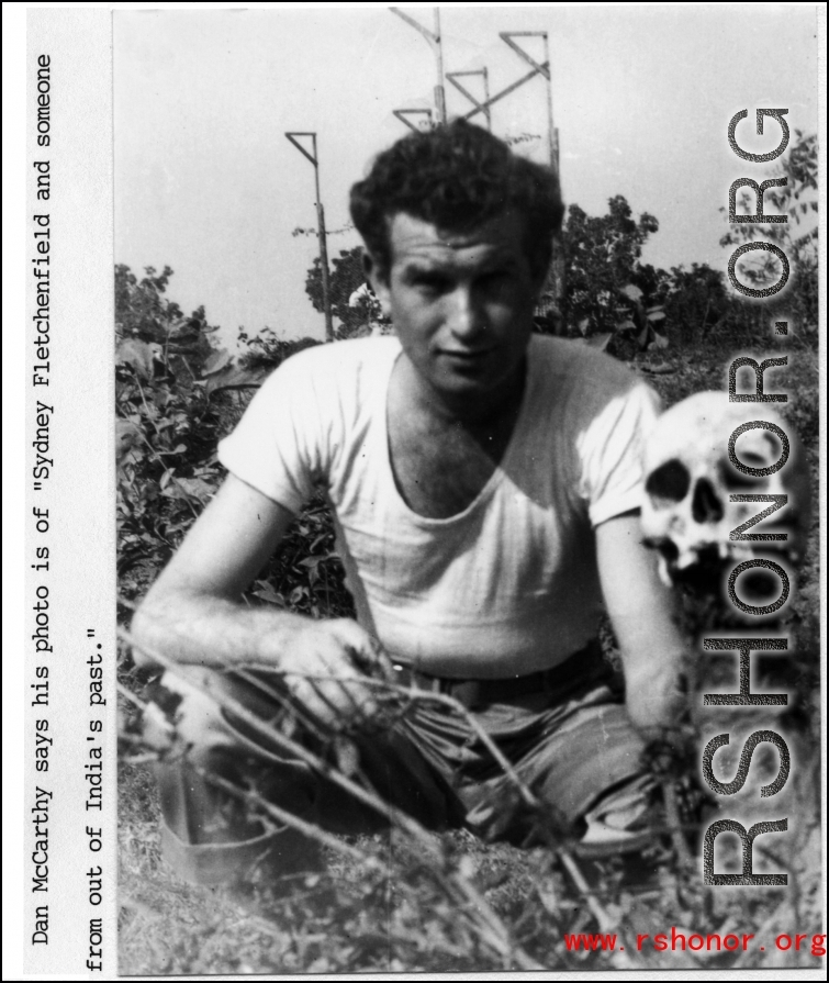 Sydney Fletchenfield with a skull in India, during WWII.  Photo from Dan McCarthy.
