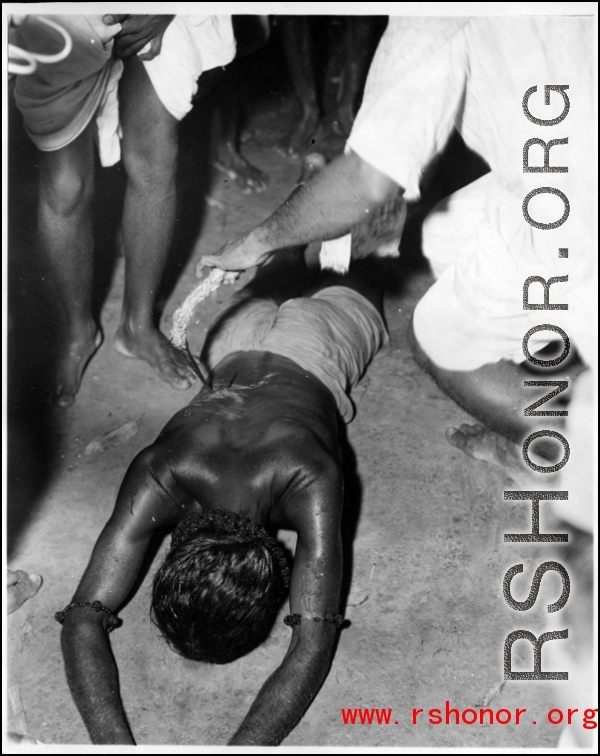 Religiously devoted men in India take part in self-flagellation and self-mutilation as a public performance of devotion to their gods. During WWII.