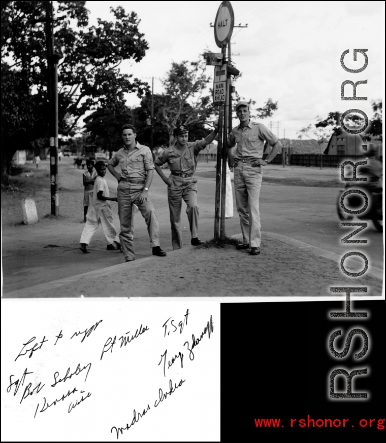 GIs at street intersection in Madras, India, during WWII: Sgt. Bob Schoby, Lt. Miller, and T/Sgt. George Zdanoff.