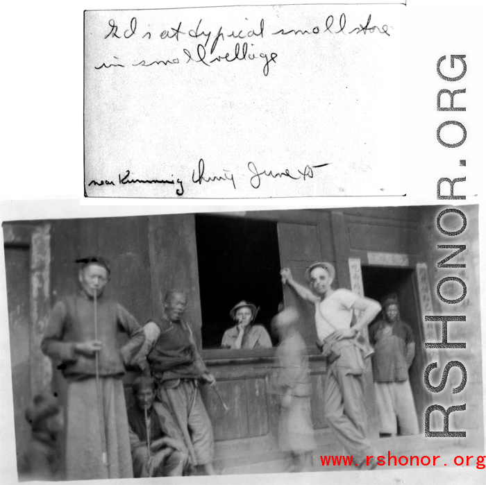 GIs visit a small shop in small village near Kunming during WWII, June 1945.
