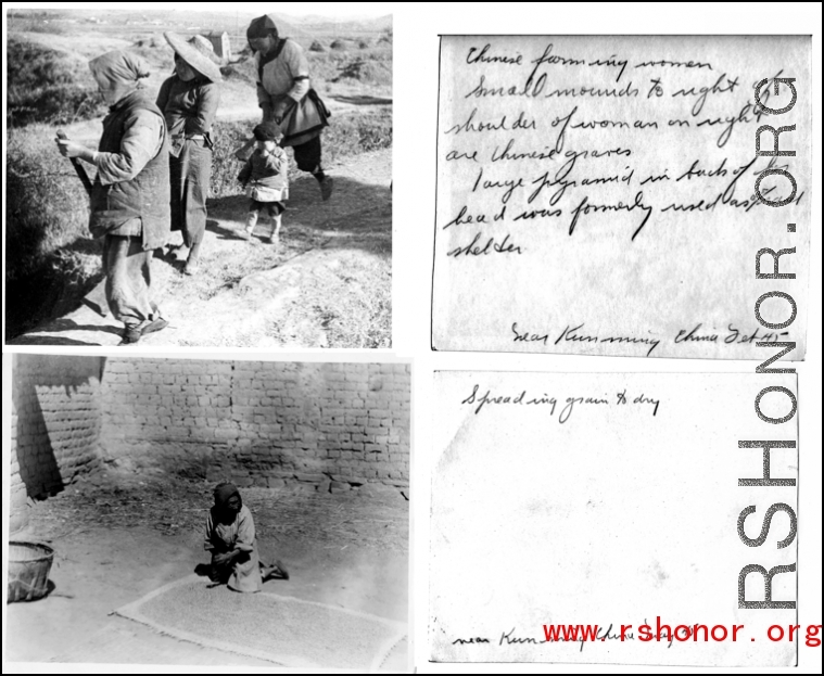 Rural life near Kunming, 1945--rural women walking, and drying grain.