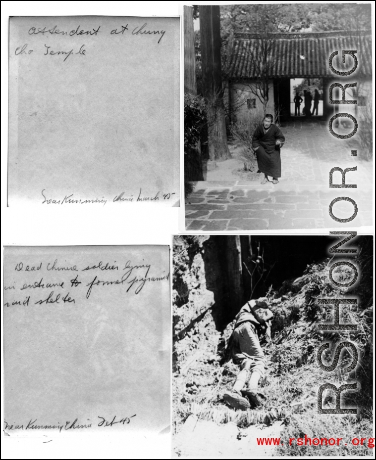 Monk at temple and dead Chinese soldier, near Kunming, China, 1945.