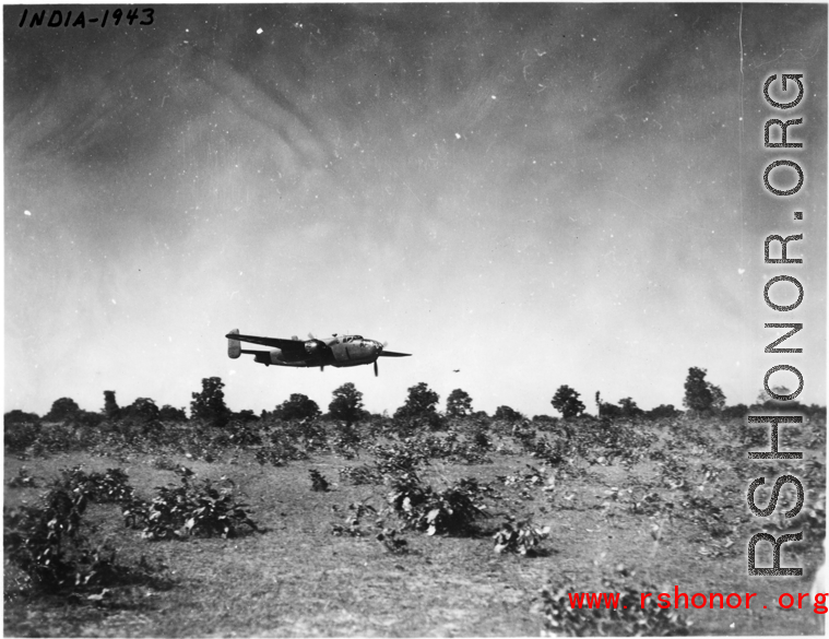 An American B-25 bomber flies at minimum altitude, probably during training/practice of 'low-level attack techniques', for 'skip bombing'. During WWII.