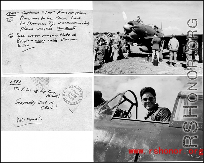 A captured Japanese airplane  in 1943 and an American pilot (who is noted to have supposedly died) in the CBI during WWII in 1943. 