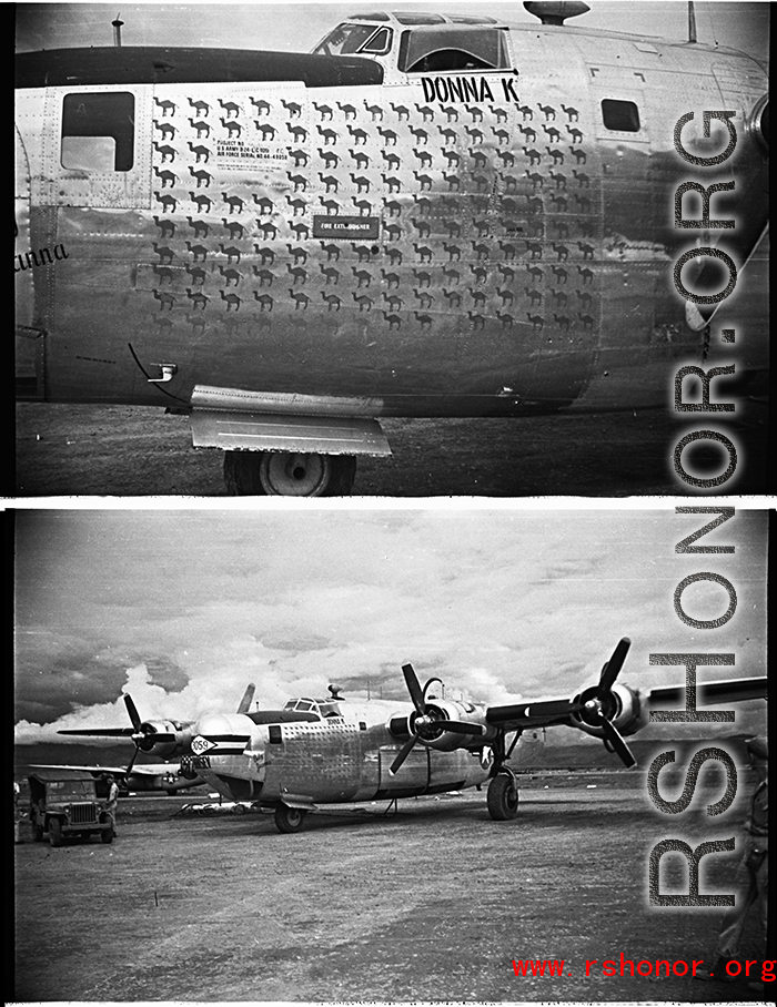 Nose art of a Consolidated C-109 (a modification of the B-24 bomber) "White Angel" in the CBI during WWII. The cockpit window is labeled with a large uppercase "DONNA K." Probably serial #44-49059. A camel icon represents a trip over The Hump.