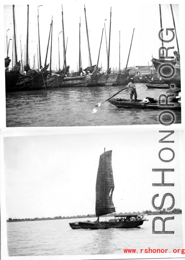 Boats on a river, possibly Whangpoo River, in Shanghai, China, during WWII.