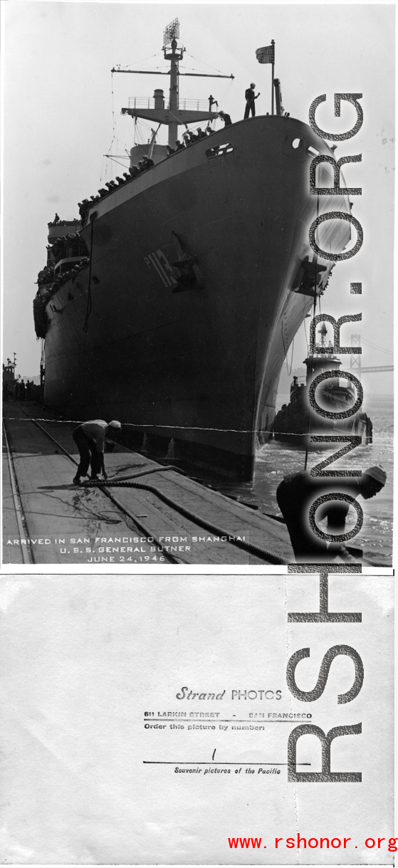 U.S.S. General Butner which took Ehle back to the US, arriving in San Francisco on June 24, 1946.