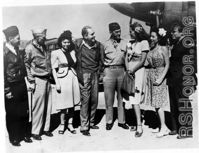 Celebrities visit China during WWII: General Claire L. Chennault with USO entertainers in Kunming, China, October 26, 1944, including Jinx Falkenburg, Betty Yeaton, and Jimmy Dodd.
