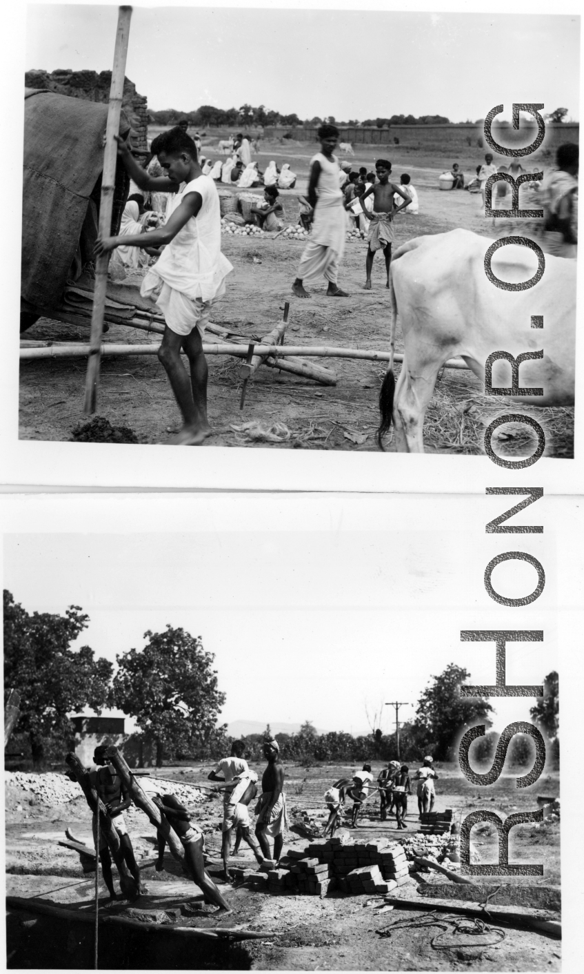 People linger on at market (or came early; top), and people laboriously pull water from a well (bottom).  Scenes in India witnessed by American GIs during WWII. For many Americans of that era, with their limited experience traveling, the everyday sights and sounds overseas were new, intriguing, and photo worthy.