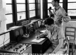 Tower at Chanyi. S/Sgt. Yates, S/Sgt. Rice. AACS Sta. No. 251, 128th Squadron, Chanyi, China.