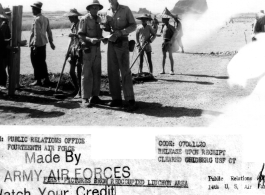 Captain Berwyn Fly and Lt. Col. Wright Hiatt survey damage done to former 14th Air Force flight strip at Liuzhou (Liuchow) by the Japanese before retreating northward. In WWII.