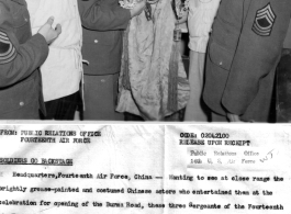 Three sergeants of the 14th Air Force meeting costumed Chinese performers of the celebration for the opening of the Burma Road. Left to right: M/Sgt. Graham K. Kidd, Actor Li Gin Pui, S/Sgt. Albert Wong, actor Tu Wen Lin, and M/Sgt. Richard L. Hapgood. In China during WWII.