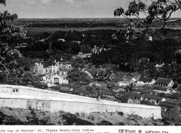 View from Madras' St. Thomas Mount shows a verdant landscape of forests and fields, during WWII. A Christian church building is visible on the left.  Photo from Glenn S. Hensley.