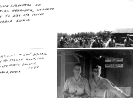 Carrying stretches of Merrill's Marauders wounded in 1944; Dr. McDivit and Sgt. (Wilson?) Maloz, at orthopedic clinic, 1944.   234th Station Hospital, Chabua, India.  Images provided by Michael J. O'Brien.