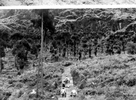 Chinese farmers threshing grain; GIs and Chinese children climbing stone walkway on a day outing. During WWII in China.  Photos from Dorothy Yuen Leuba.