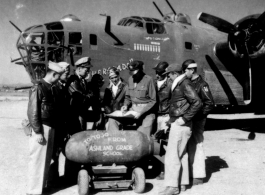 A B-24 ("Sherazade")loading a bomb (top), with pilot window labeled "Farnell," and bomb painted with "To Tojo, from Ashland grade school." Some of their adventures can be read here.  A different B-24 ("Lonesome Polecat") moving on runway (bottom). In the CBI during WWII.