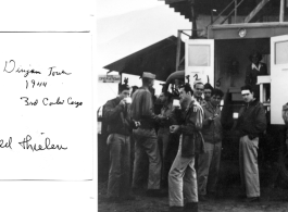 GIs enjoy refreshments---handed out by a female Red Cross service worker---at a truck parked at the Dinjan air base control tower (62nd AACS), in 1944. 3rd Combat Cargo.  Donald Thielen, Crowley, Stephanson, Henry, Gallione, Carrolson, Snyder.  Photo from Donald Thielen.