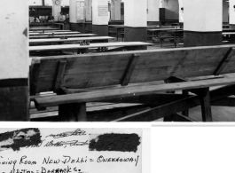 Dining room in Queensway Road HQ barracks, New Delhi. During WWII.  Photo from F. C. Reed.