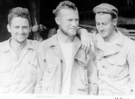 Men of "A" Team, 32nd Portable Surgical Hospital. Left ot right: Riley G. Malcom, Claude M. Nannin, John F. Holman.  See 1986 remake of this photo here.  Photo from John F. Holman.