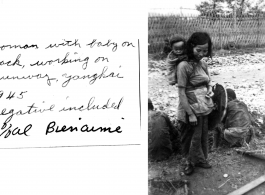 A woman working with a baby on her back on the runway at Yangkai, 1945.  Bienaime.