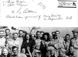 96th Signal Battalion, Company "B," one-year anniversary party, October 14, 1944. Personnel interact with USO Troop #269, including Annette Mae Quarrie, Gigi Gilfin, and Pat Flynn.  Photo from Tony Ursich.