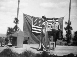 Pat O'Brien's USO troupe performs at an American airbase in China in October 1944--Here  Jimmy Dodd and Ruth Carrol perform.