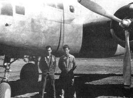 "This is a picture of General 'Casey' Vincent's plane The Silver Slipper. The 396th prepared this plane for the General at Kwelin, China. Sgt. Joe Cooper of the 396th was crew chief of the plane. The two guys in the picture are Taylor on the left and Cooper on the right. Taylor was the radio operator on the plane."