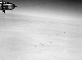 B-25 Mitchell bombers in flight in the CBI, in the area of southern China, Indochina, or Burma.