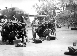 Changing engines in #43. either on July or October 1943. Chaukulia, India.  Mit Rose, Cal Achey, Frank Bert, Pete Romanazzi, Bud Chapin, Alex.