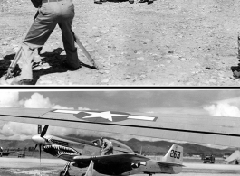 General Chennault on the flight line in conference with pilot officers, navigators, and bombardiers, while a camera crew catches it all in this contrived scene. In China, during WWII.