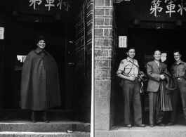 In left image, a KMT civilian at rally poses for portrait shot: An Zefa (安则法), a highly educated official who had a number of roles in Yunnan during WWII.  In right image, An Zefa (安则法) stands in the center, with Eugene Wozniak on left, and another GI on the right.  These men stand in the gate of an elite residence in Yunnan province, which has been appropriated by Nationalist 5th Corps forces for military purposes--the white paper posted on the door post says the residence is temporary housing for assistan