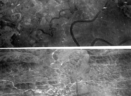 Aerial view of small walled town in Burma or French Indochina, in the CBI, during WWII.