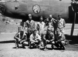 491st Bombardment Squadron mechanics - Gibbs, Butsika, McArdle, Lacher, Pete, Beausoleil, unknown, Kealy - at Yangkai in the spring of 1944.  Of special interest is the number of machine guns sticking from the nose of the "green house." The original B-25Ds had one flexible gun in the center, operated by the bombardier or navigator. Later, 'official' modifications would add two, mounted to the sides of the compartment. Here we also see two which are apparently mounted under the floor of the compartment. Obvi