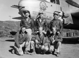 American servicemen with the B-25H "Wabash Cannonball", of the 491st Bomb Squadron, in the CBI.  Fay W. Johnson, Cpl, Radio-Gunner, in front row, far right.  Peter Ewonishon,  2nd Lt., Pilot, in back row, far right.    