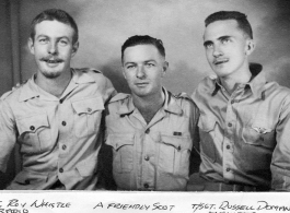 American flyers and a friendly Scot in Calcutta in 1943.   "T/Sgt. Roy Whistle (radio, my crew), a friendly Scot we all met in Calcutta, T/Sgt. Russell Doman, engineer, my crew.  During WWII.