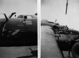 Salvage of a broken B-24 "WE'REWOLVES", crashed on take-off crash on March 20th, at Panagarh. Upon crash, live bombs were spewed out of the bomb bay. Fortunately the arming pins were still in the fuses. Speculation of some was that the accident was caused by loss of lift due to the negative angle of attack caused by a high speed take-off.