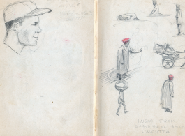 The wartime notebook of S/Sgt. Tom L. Grady. In his notebook, as a talented and curious young artist while in the CBI, he recorded scenes and vignettes that he saw in his life. He also recorded names and contact info for the people he met.  "Lt. Paul Hite, copilot, killed on March 26, 1943.  India from Grand Hotel balcony, Calcutta."