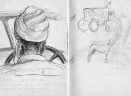 The wartime notebook of S/Sgt. Tom L. Grady. In his notebook, as a talented and curious young artist while in the CBI, he recorded scenes and vignettes that he saw in his life. He also recorded names and contact info for the people he met.  "India. Taxi Driver. While going from Howrah R.R. station to Grand Hotel Calcutta."